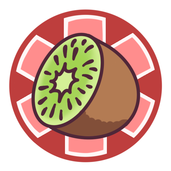 a red circle with a large medical alert asterisk inside it, and half a kiwi fruit cut pictured in the center.